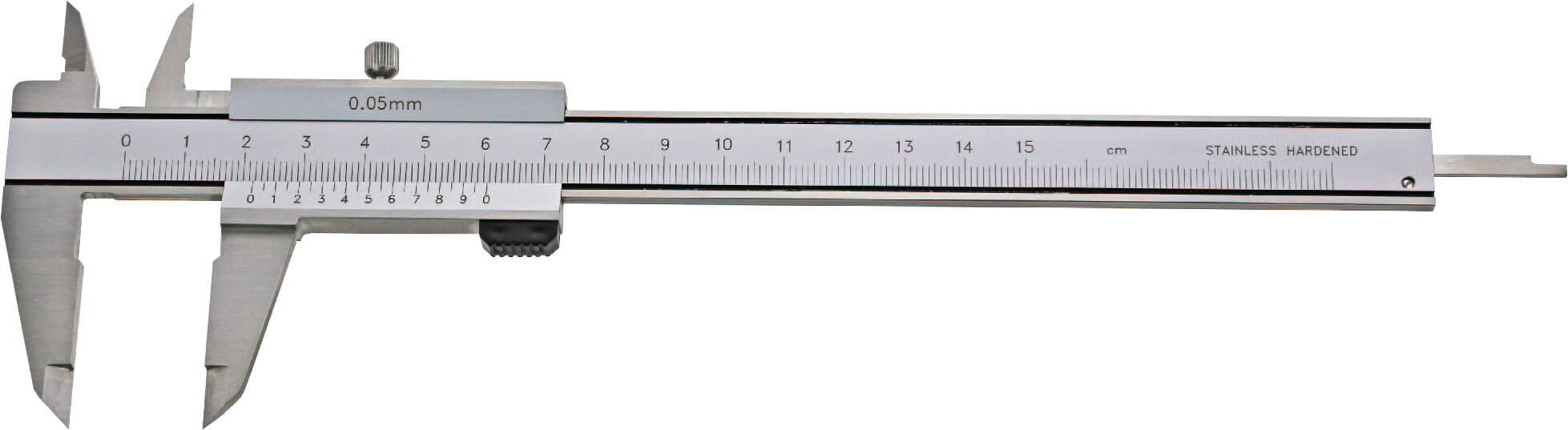 Metav IndustryLine 300mm Taschen-Messschieber - Monoblock Inox, Frontalansicht mit 0,05mm Skala und Feststellschraube