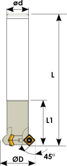 Technische Zeichnung eines Fasenfräsers. Schwarze Linien auf weißem Hintergrund. Die Wendeplatten sind in Gelb angezeigt. Mit Größenangaben.