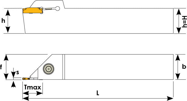 Technische Zeichnung eines Stech-Klemmhalters. Schwarze Linien auf weißem Hintergrund. Die Wendeplatten sind in Gelb angezeigt. Mit Größenangaben. Oben befindet sich die Seitenansicht, unten die Oberansicht.