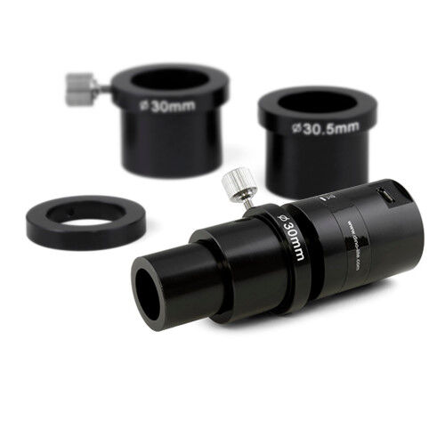 Ein DonoEye Set von Dino-Lite auf weißem Hintergrund. Das Set besteht aus DinoEye, zwei Okulare und ein Ring.
