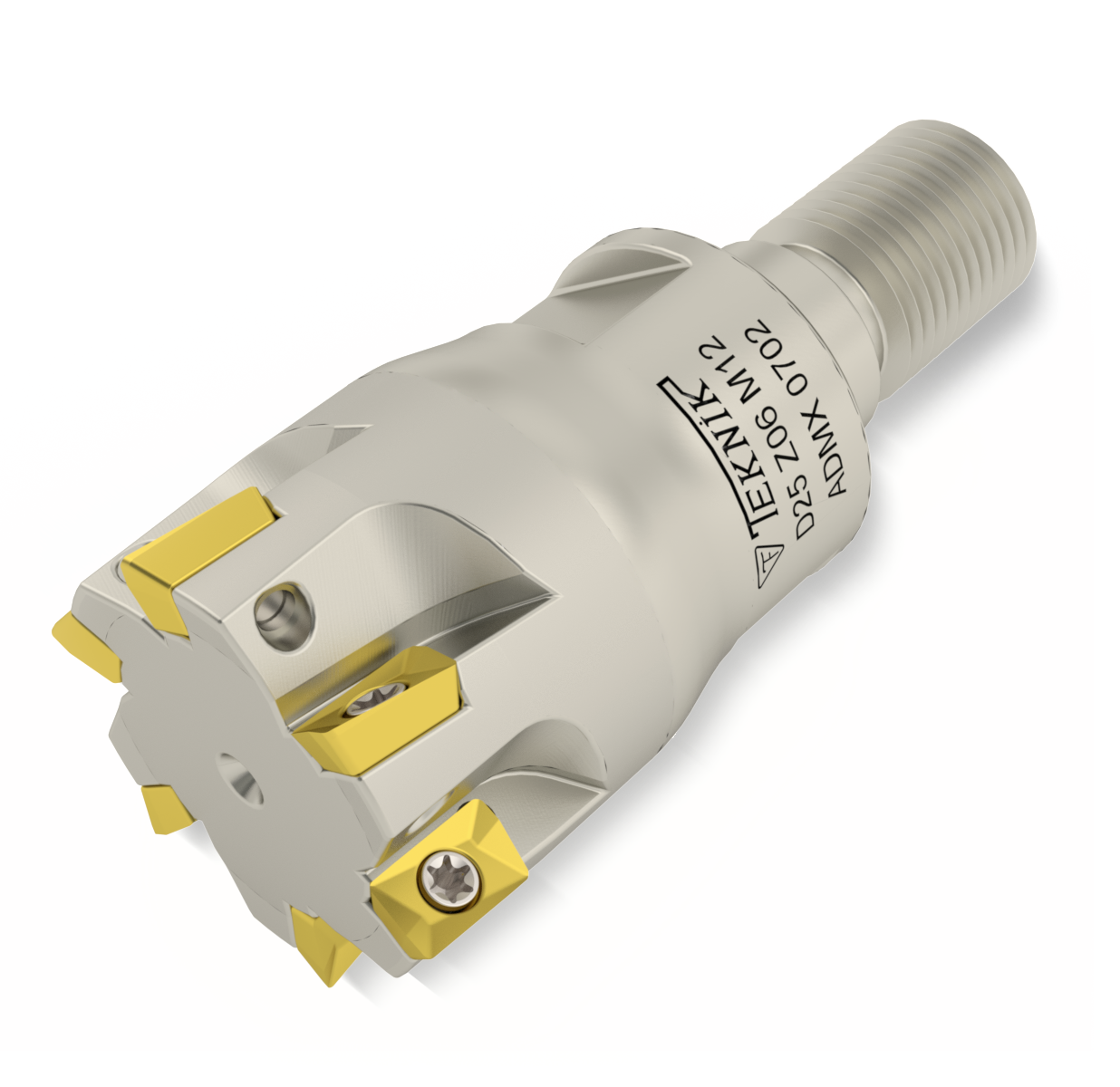 Einschraubfräser auf durchsichtigem Hintergrund. Mit sechs Wendeplatten des Typs ADMX. Auf der Vorderseite befinden sich das Logo des Herstellers Teknik Makina und den Artikelcode.