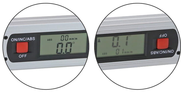 Metav IndustryLine M203.027 digitale Wasserwaage: Nahaufnahme Display mit Ein-/Ausschalter, Messwerte 0.0° / 00mm/m