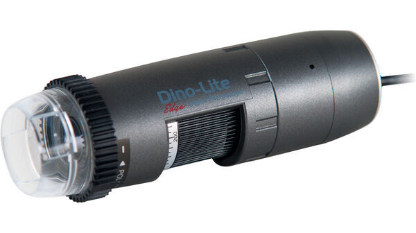 Dino-Lite AM4815ZTL USB Mikroskop: Schwarzes Gehäuse, transparente Kappe, seitliche Schärfeeinstellung, Frontalansicht