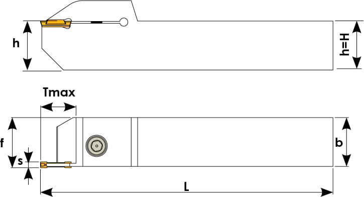 Technische Zeichnung eines Stech-Klemmhalters. Schwarze Linien auf weißem Hintergrund. Die Wendeplatten sind in Gelb angezeigt. Mit Größenangaben. Oben befindet sich die Seitenansicht, unten die Oberansicht.