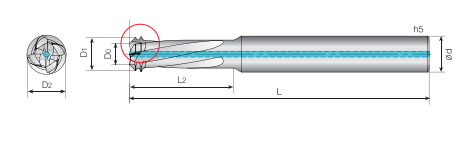 Technische Zeichnung eines Gewindefräsers auf weißem Hintergrund. Seitenansicht mit Größenangaben. Daneben ist eine Frontalansicht.