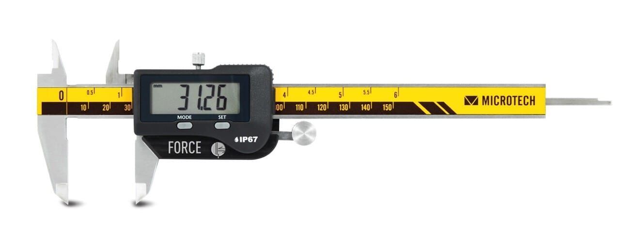 Microtech Digitaler Präzisionsmessschieber 0-300mm: Frontalansicht, gelb-schwarze Skala, graue Messbacken, LCD-Anzeige