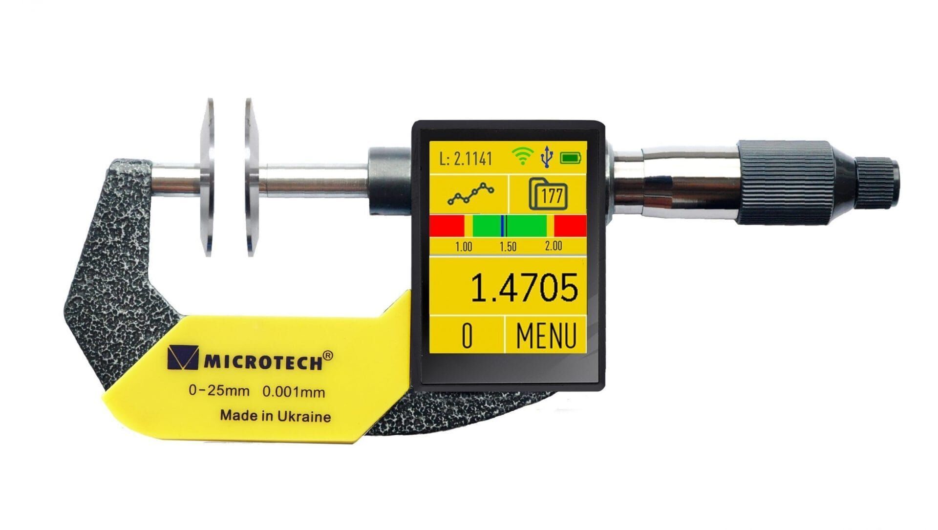 Microtech Digital Messschraube: Grauer Bügel, gelbes Displayfeld, schwarzer Kopf, Frontalansicht