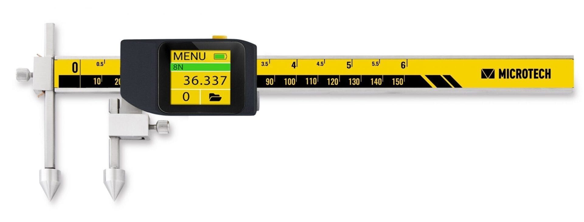 1020mm Digitaler Messschieber: Frontalansicht, gelb-schwarze Skala mit grauer Messbacke und Display