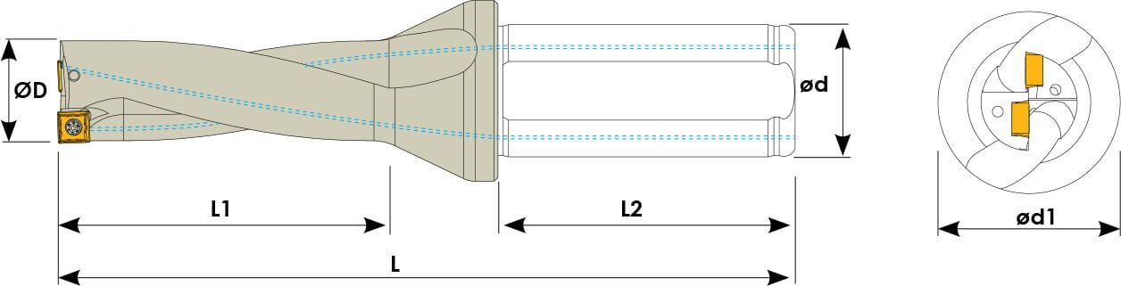 Technische Zeichnung eines Vollbohrers. Schwarze Linien auf weißem Hintergrund. Die Wendeplatten sind in Gelb angezeigt. Links befindet sich eine Seitenansicht, auf der rechten eine Vorderansicht. Mit Größenangaben.