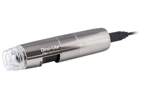 Dino-Lite AM8917MT8 USB Mikroskop: Seitenansicht silbernes Aluminiumgehäuse, klare Linse, USB-Kabel