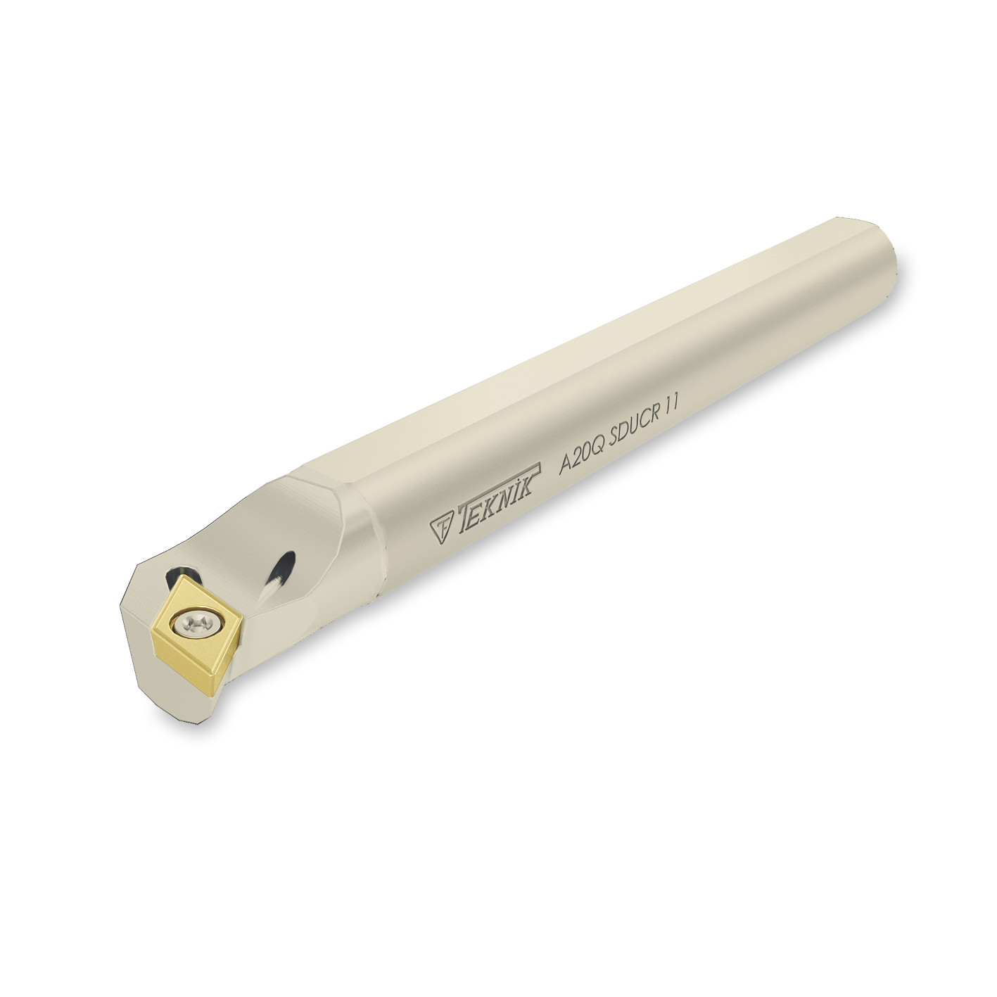 Bohrstange auf weißem Hintergrund. Mit einer Wendeplatte des Typs DC--. Auf der Seite des Werkzeugs befinden sich das Logo des Herstellers und der Artikelcode.