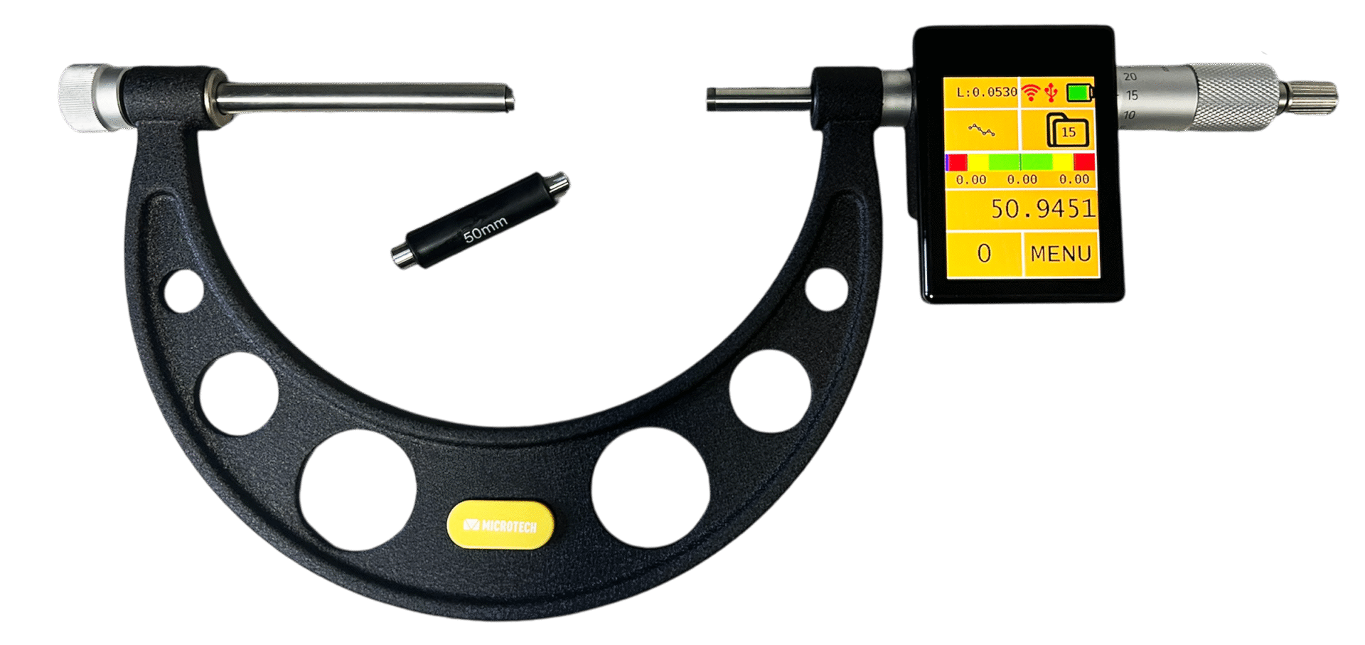 Microtech Digital-Messschraube 150-300mm: Aufsicht, schwarz, Touchscreen zeigt 50.9451, mit 50mm Einstellmaß