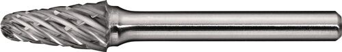 Frässtift Hartmetall Kreuzverzahnung – Grauer Metallstift mit gefräster Spitze in Seitenansicht