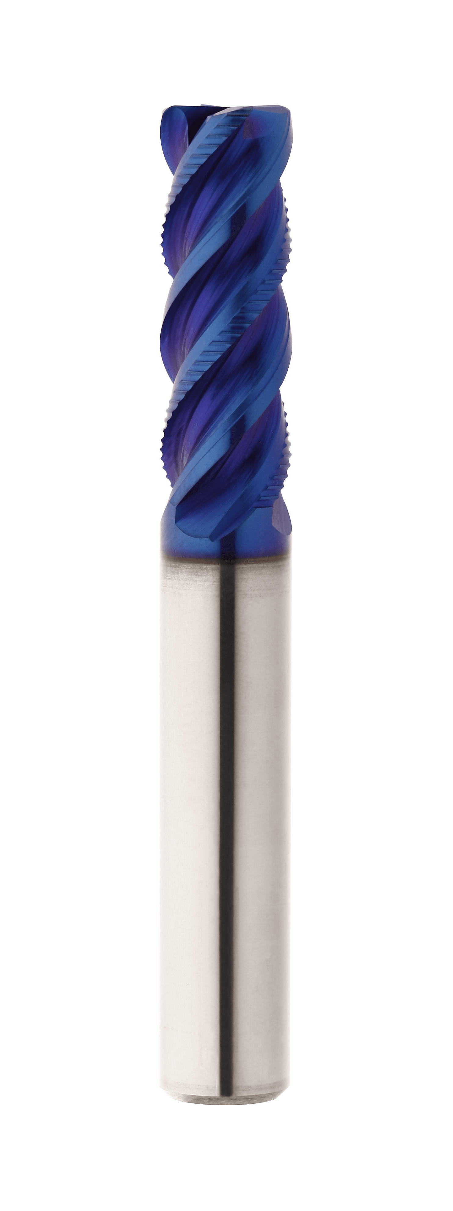 Aufrecht stehender Schruppfräser auf weißem Hintergrund. Die Spitze ist blau und flach abgeschnitten.