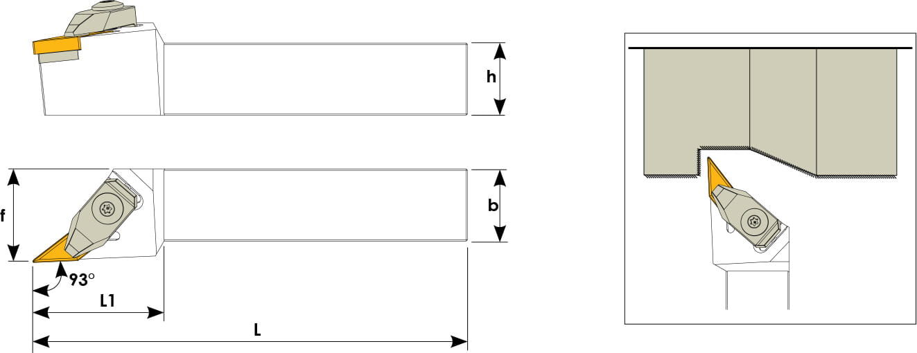 Technische Zeichnung eines Stech-Klemmhalters. Schwarze Linien auf weißem Hintergrund. Die Wendeplatten sind in Gelb angezeigt. Mit Größenangaben. Links befinden sich eine Vorder- und Seitenansicht, links davon ein Benutzungsbeispiel.