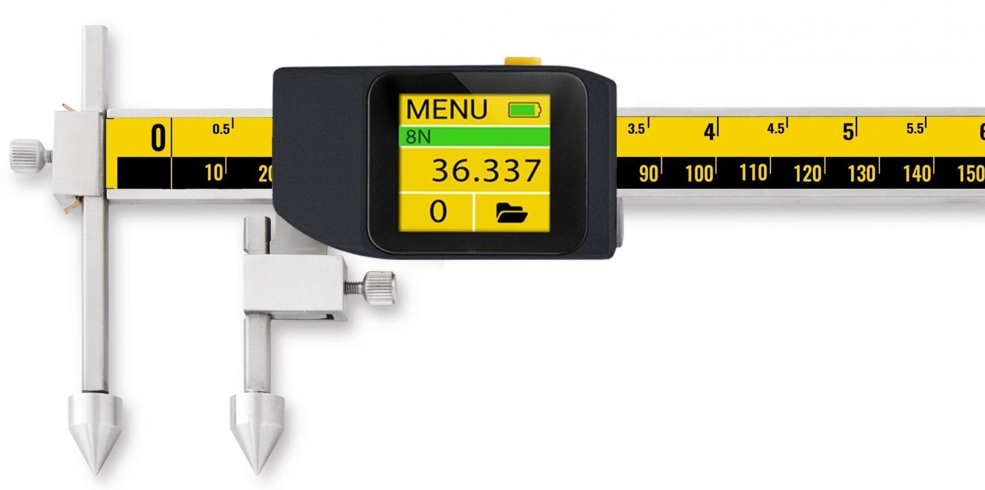 1020mm Digitaler Messschieber: Frontalansicht der Skala und des Displays mit 36.337mm Anzeige, silber, gelb, schwarz