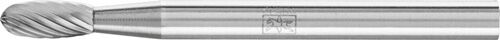 PFERD 37mm Kleinfrässtift Tropfenform, D.3mm Kopf-L.7mm Hartmetall, schräg von oben mit Schneidverzahnung