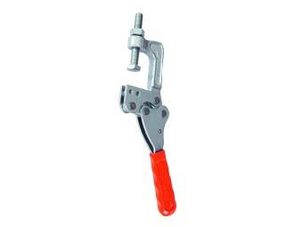 Kukamet Schnellspanner auf weißem Hintergrund. Der Griff ist mit rotem Kunststoff ummantelt. Mit senkrechtem Fuß.