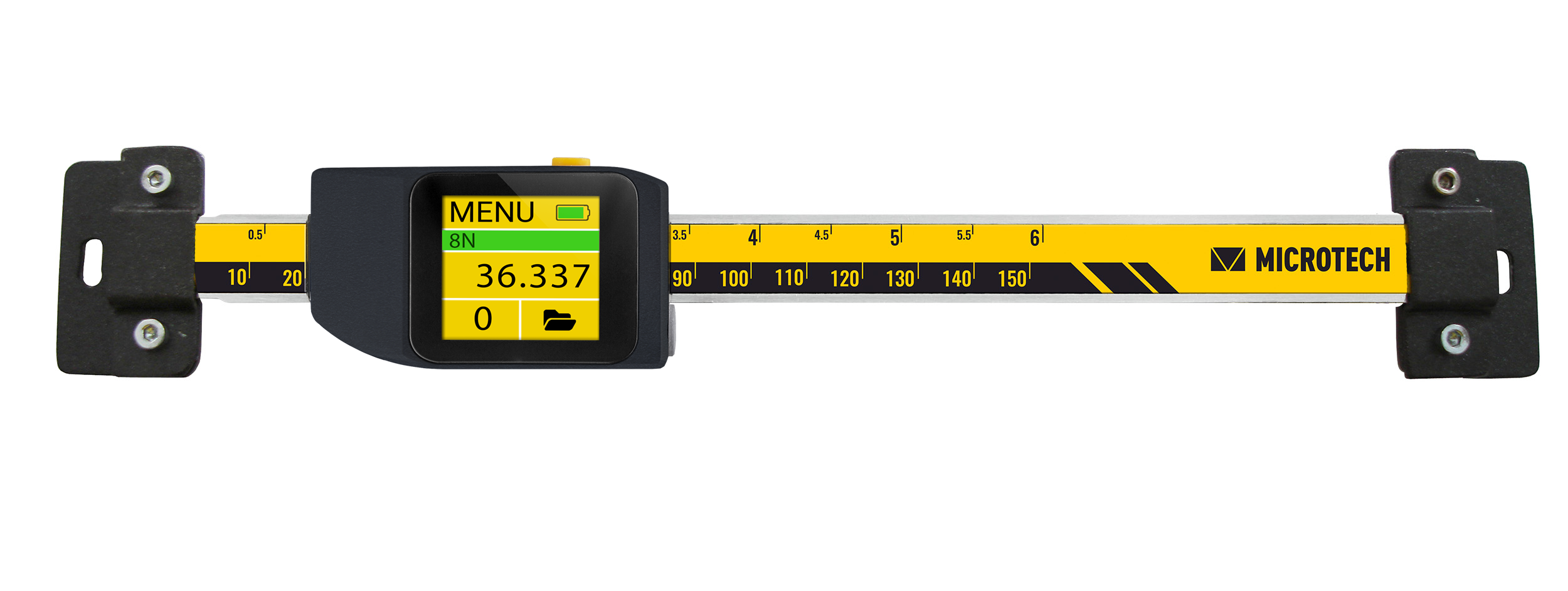 Microtech Digital Einbaumessschieber 2000mm - Frontalansicht mit gelbem Maßband, schwarzem Display, IP54
