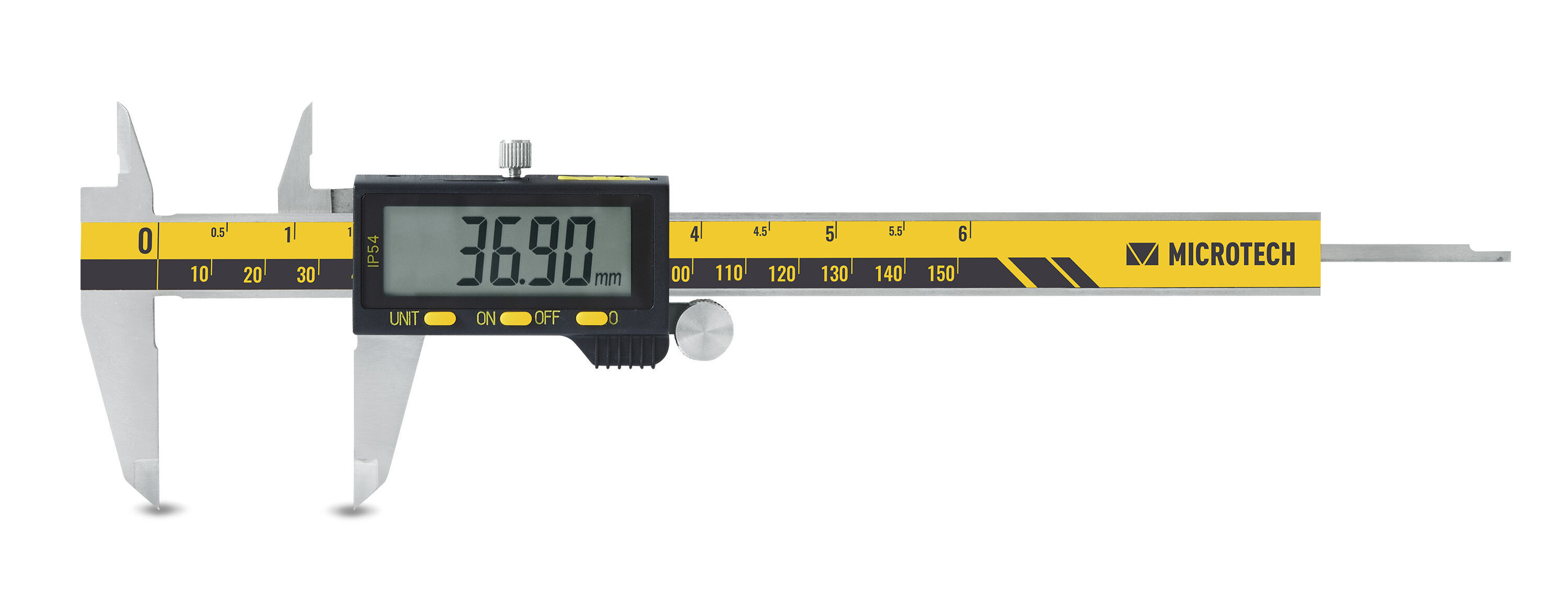 Microtech Digitaler Präzisionsmessschieber 200mm, IP54: Edelstahl mit gelb-schwarzem Lineal, Frontalansicht