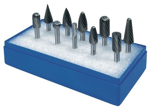 6mm Frässtiftsatz Hartmetall, 10-teilig, Kreuzverzahnung in blauer Kunststoffkassette von oben