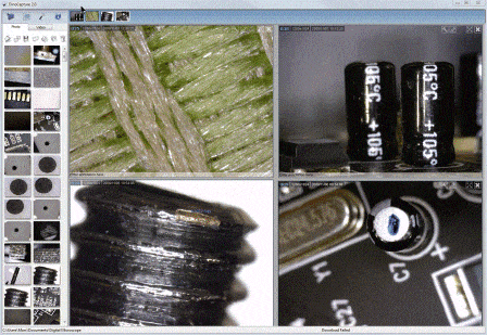 DinoCapture 3.0 Software Oberfläche: Mikroskop-Detailansichten von Textilfasern, Schraube, Kondensatoren, Platine