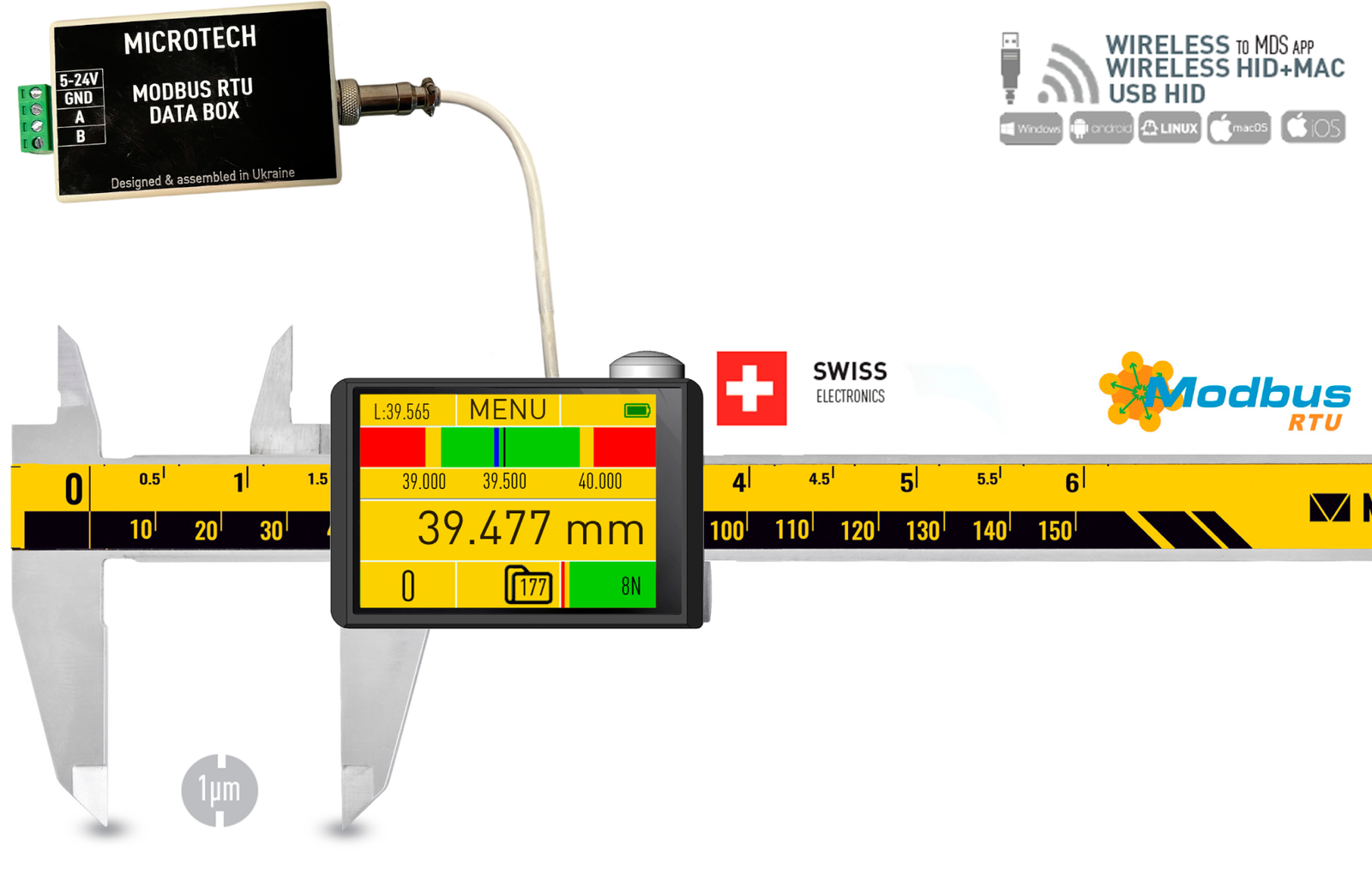 Microtech Digital E-Force Messschieber: Messung 39.477mm auf Display, inkl. Modbus RTU Data Box