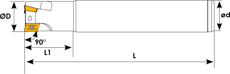 Technische Zeichnung eines Schaftfräsers. Schwarze Linien auf weißem Hintergrund. Die Wendeplatten sind in Gelb angezeigt. Mit Größenangaben.