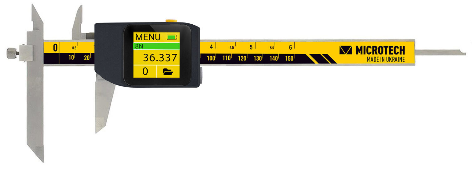Microtech Digitaler Messschieber 0-300mm: Silberner Messschieber, schwarze und gelbe Skala, Touchscreen-Anzeige