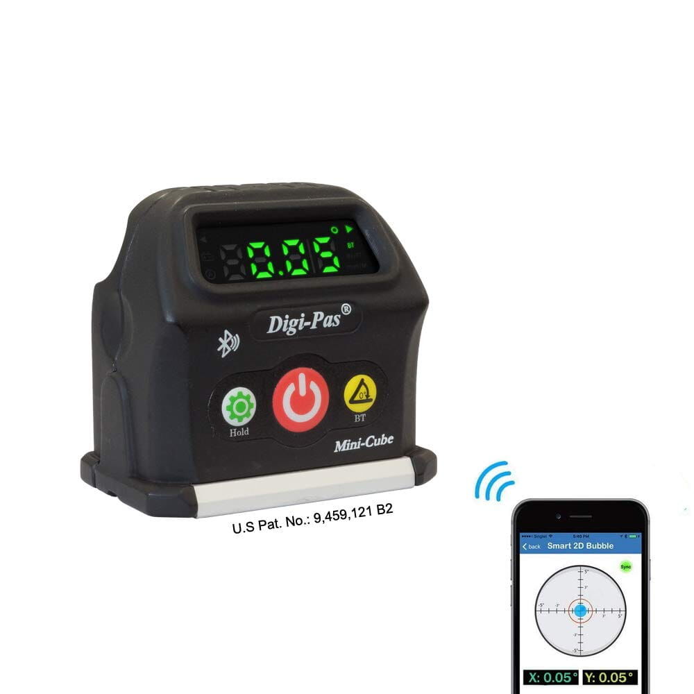 Neigungsmesser auf weißem Hintergrund. Das Gehäuse ist schwarz und das Logo von Digi-Pas steht in der Mitte. Im Vordergrund ist ein Handy mit Internet Zeichen. Das steht für die Wireless Datenübertragung des Gerätes.