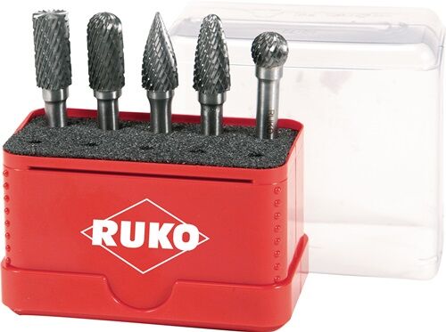 Ruko 5mm HM Frässtiftsatz: Fünf graue Hartmetall-Frässtifte in roter Box mit schwarzem Schaumstoffinlay