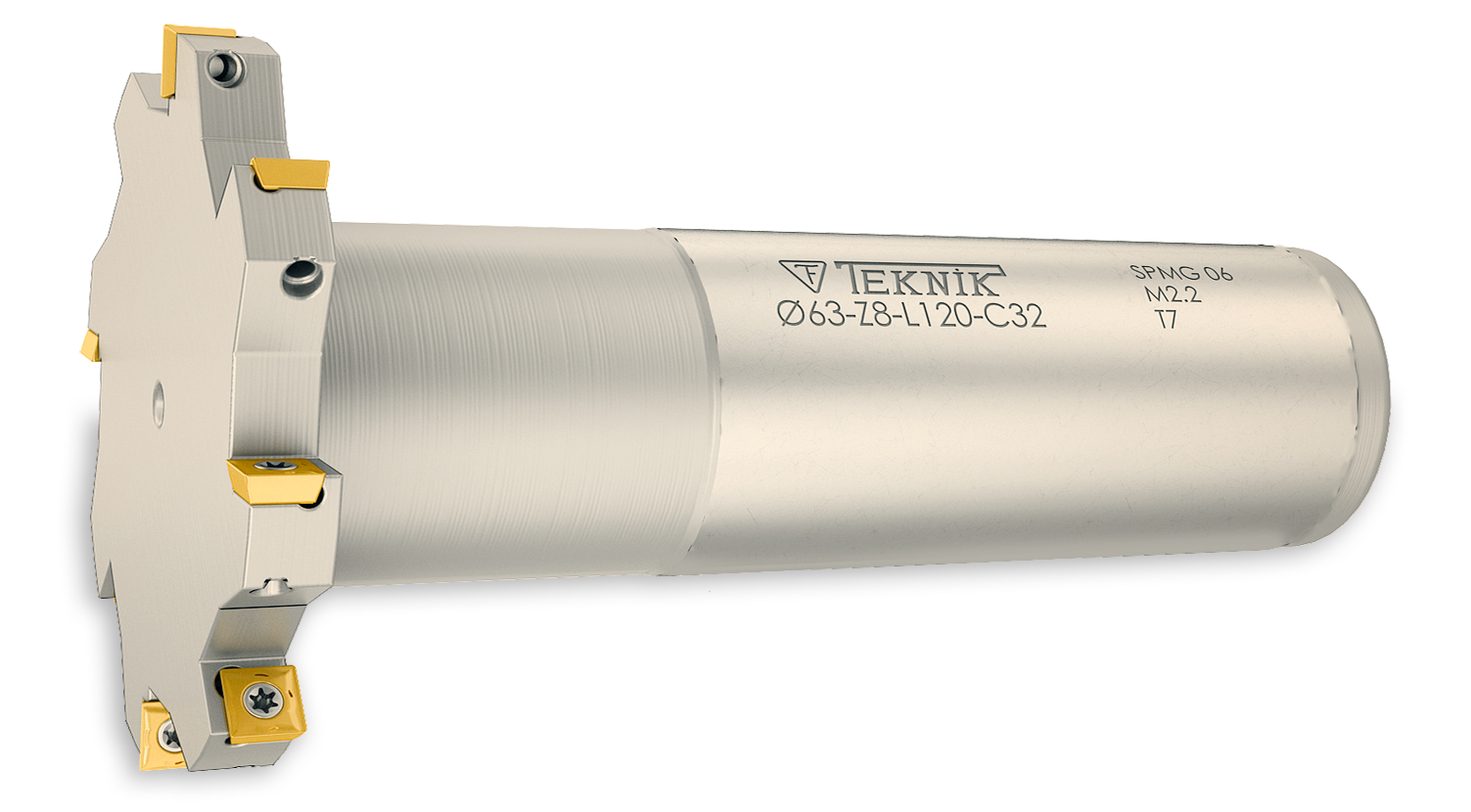 T-Nut-Fräser auf weißem Hintergrund. Geeignet für Wendeplatten des Types SPMG. Auf der Seite befinden sich das Logo des Herstellers Teknik Makina und der Artikelcode.