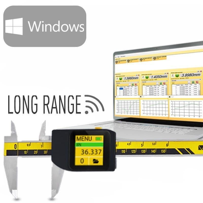 MicrotechData USB-Stick Software: Messschieber mit Bildschirm, Laptop mit Datenerfassungsanzeige, Windows Logo