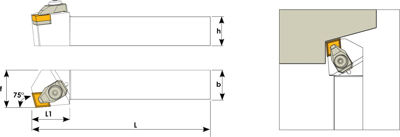 Technische Zeichnung eines Stech-Klemmhalters. Schwarze Linien auf weißem Hintergrund. Die Wendeplatten sind in Gelb angezeigt. Mit Größenangaben. Links befinden sich eine Vorder- und Seitenansicht, links davon ein Benutzungsbeispiel.