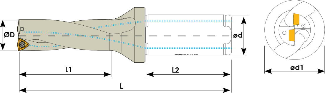 Technische Zeichnung eines Vollbohrers. Schwarze Linien auf weißem Hintergrund. Die Wendeplatten sind in Gelb angezeigt. Links befindet sich eine Seitenansicht, auf der rechten eine Vorderansicht. Mit Größenangaben.