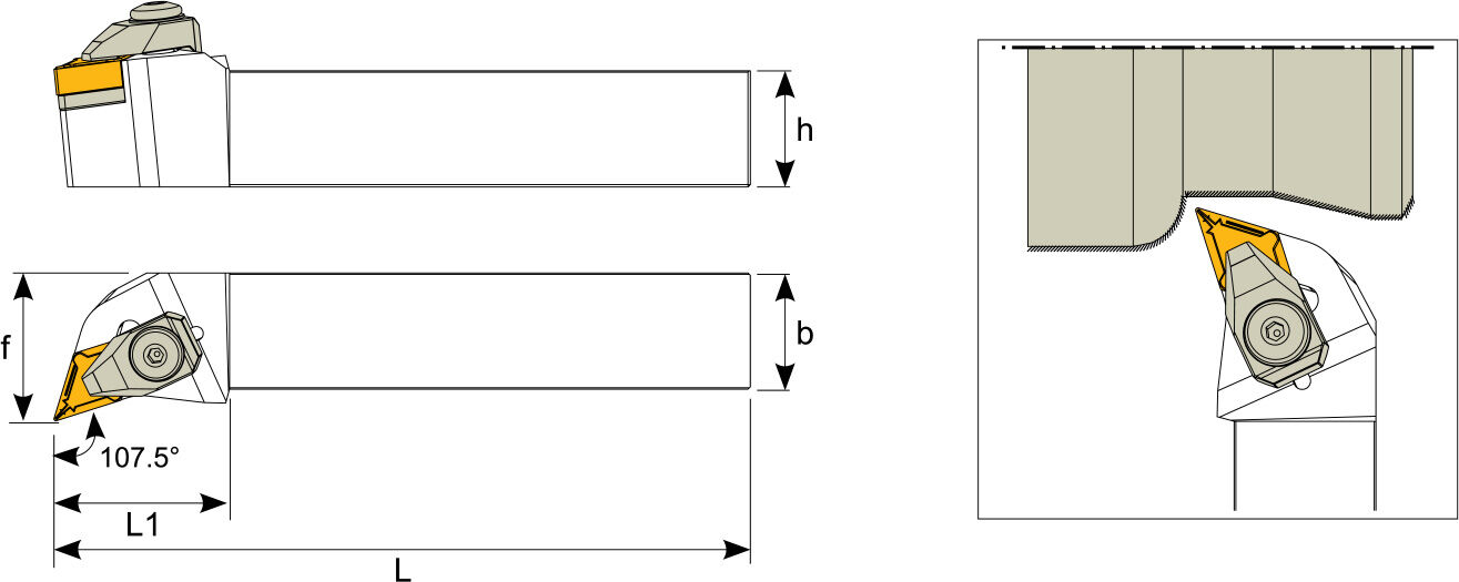 Technische Zeichnung eines Stech-Klemmhalters. Schwarze Linien auf weißem Hintergrund. Die Wendeplatten sind in Gelb angezeigt. Mit Größenangaben. Links befinden sich eine Vorder- und Seitenansicht, links davon ein Benutzungsbeispiel.