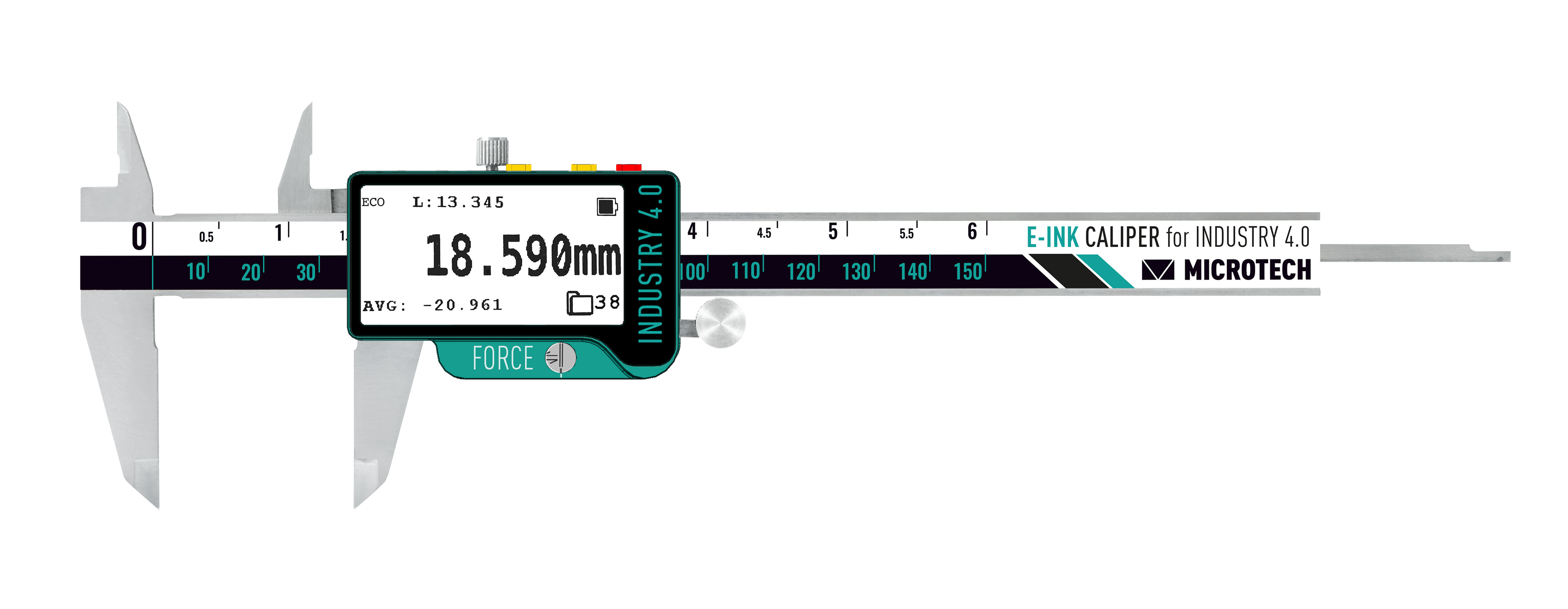 Microtech Digital Präzisionsmessschieber 200mm, E-Ink Display zeigt 18.590mm Messwert, Frontalansicht