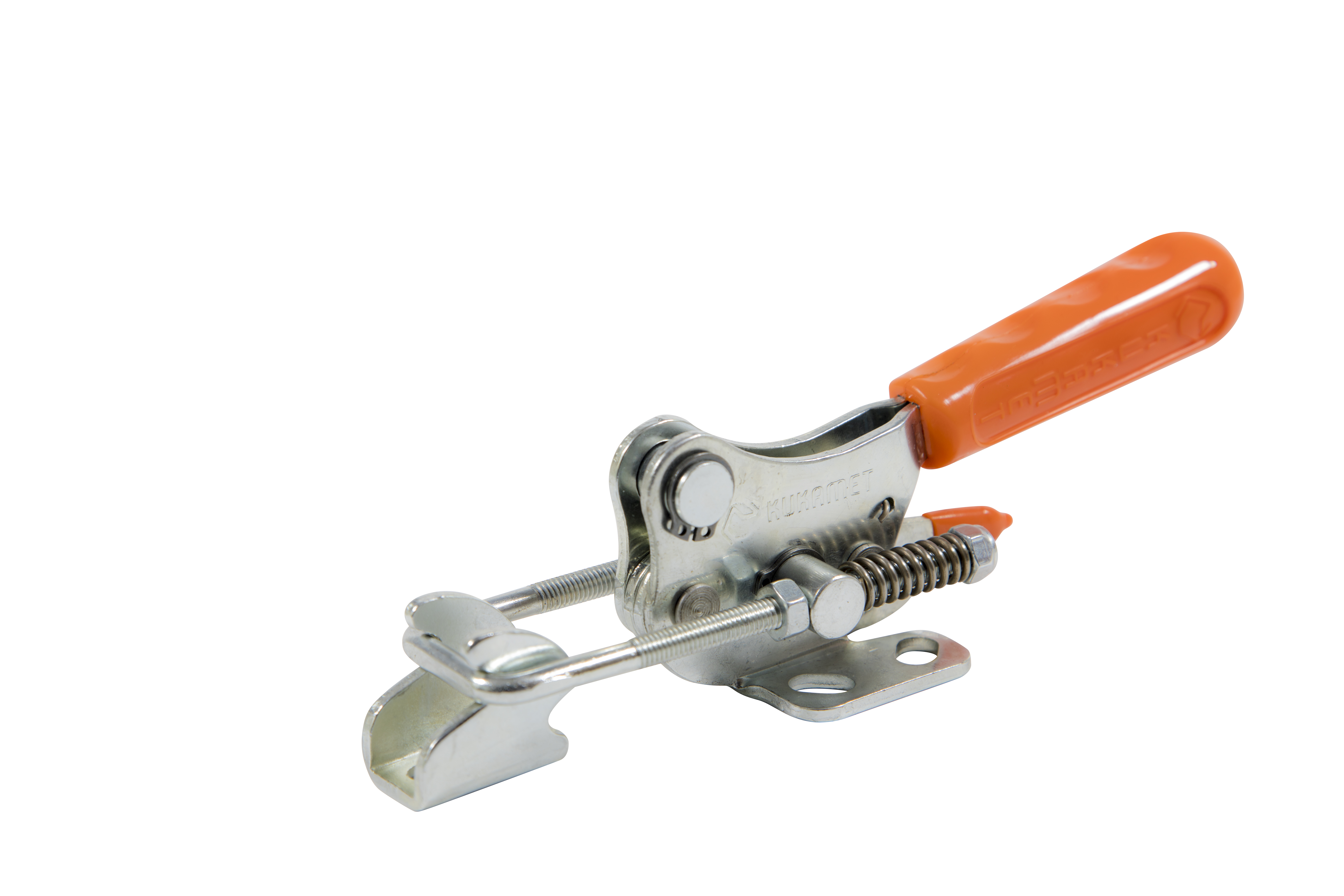Verschlussspanner auf weißem Hintergrund. Der Griff ist von rotem Kunststoff ummantelt. Mit waagerechtem Fuß. Dieses Modell hat eine Sicherheitsverriegelung und eine Feder.