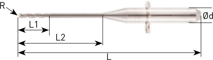 Seitenansicht eines Schaftfräsers auf weißem Hintergrund. Neben dem Fräser sind Linien und Buchstaben für die Größenangabe gezeichnet.