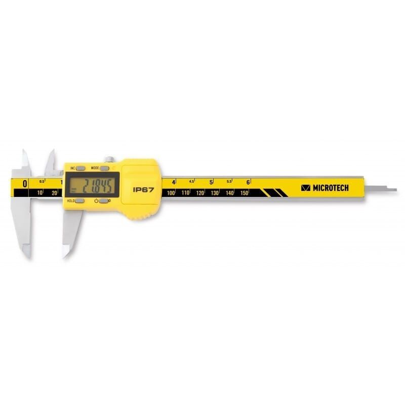 Microtech Digital-Messschieber 141085212: Gelbes Gehäuse, silberne Messbacken, LCD-Anzeige, Frontalansicht