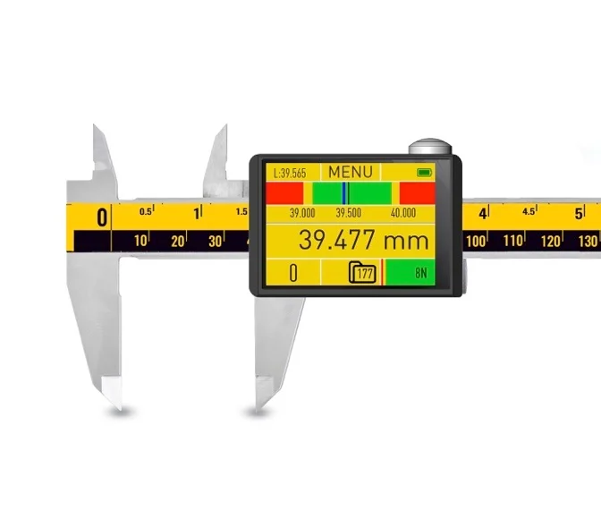 DataMet E-Force Messschieber: Frontansicht mit leuchtendem Farb-Touchscreen, Messwert 39.477 mm, silbernes Metall