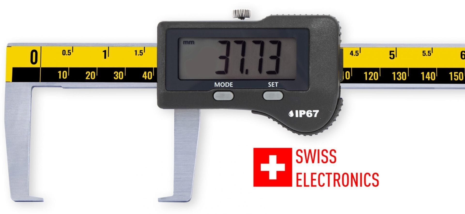 Microtech Metrology 200mm Digitaler Messschieber: Frontalansicht mit 37.73mm Anzeige, IP67-Logo