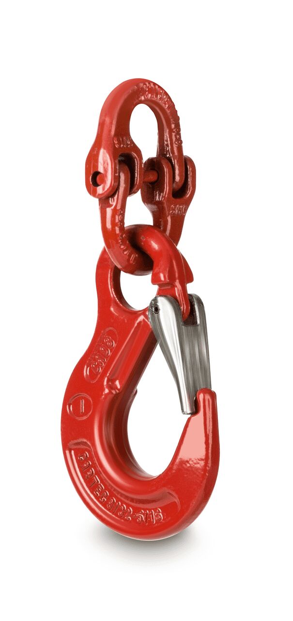 Roter Haken mit Sicherheitsverschluss auf weißem Hintergrund. Auf der Oberseite hält eine Öse den Haken hoch.