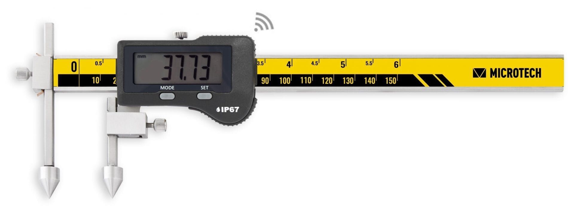 1020mm Digitaler Messschieber: Frontalansicht mit Swiss Digit Display, IP67 Schutz, Wireless-Symbol