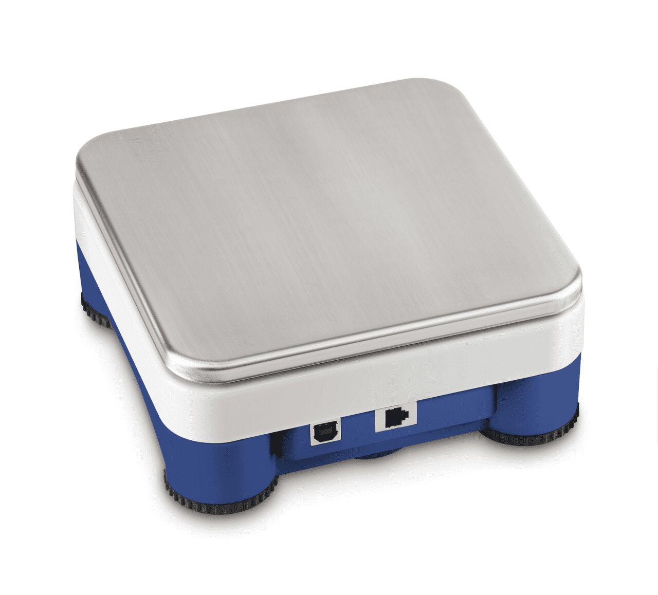 Universal Wägeplattform auf weißem Hintergrund. Die Plattform besteht aus einer rechteckigen Wägeplattform mit gerundeten Ecken. Diese Plattform steht auf einem weißen und blauen Fuß. Auf der Vorderseite kann man zwei USB-Eingänge sehen.