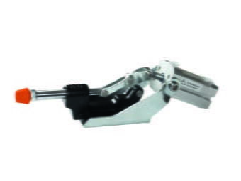 Kukamet Pneumatischer Schubstangenspanner auf weißem Hintergrund. Der Fuß ist flach und aus Gusseisen. Der Arm endet in einem roten Kunststoffkopf. Das pneumatische Modul zeigt nach oben.