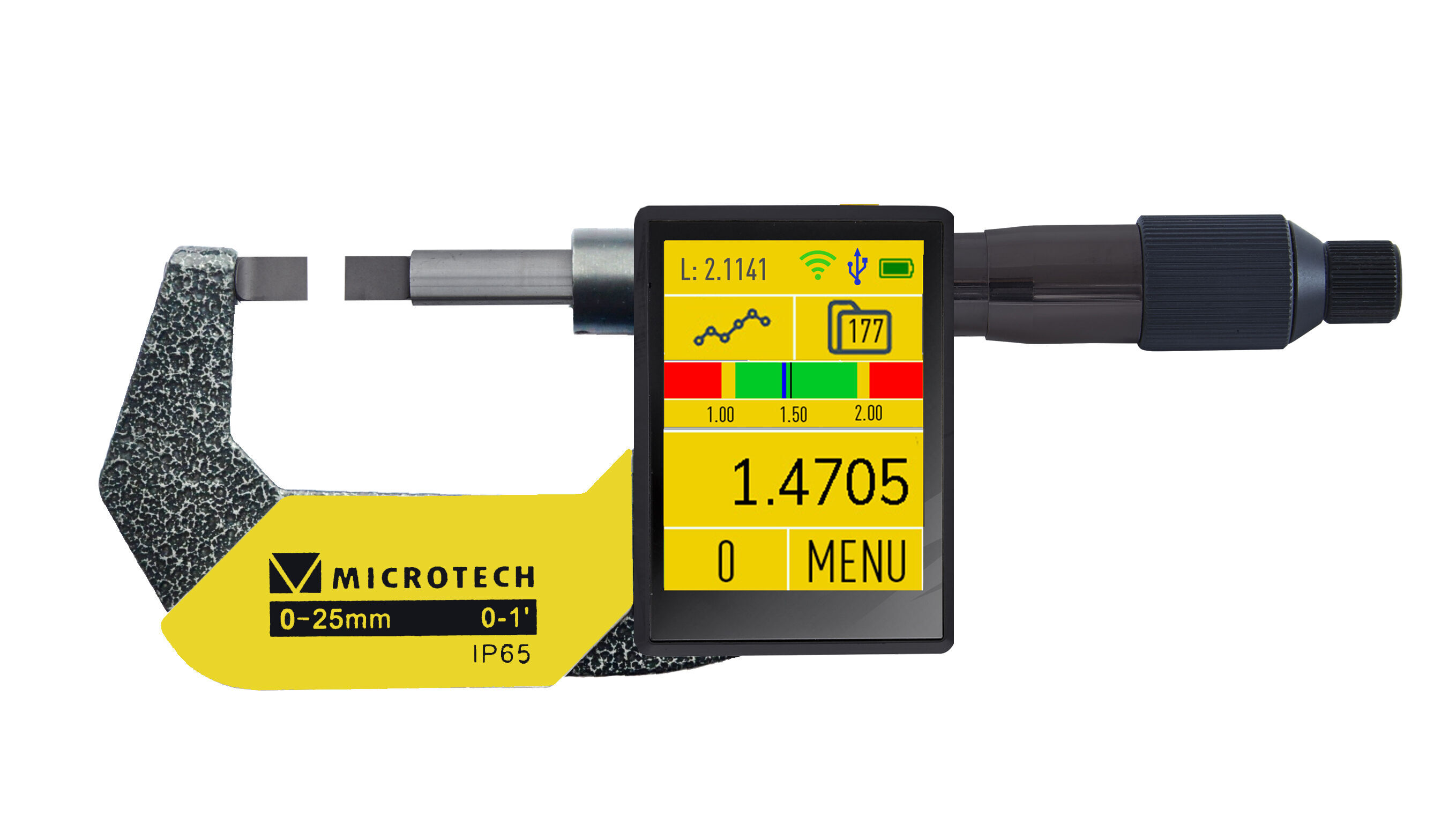 Microtech digitale Messschraube: Grauer Bügel, gelbes Display 2,4" mit Messwert 1.4705, Wireless-Symbol