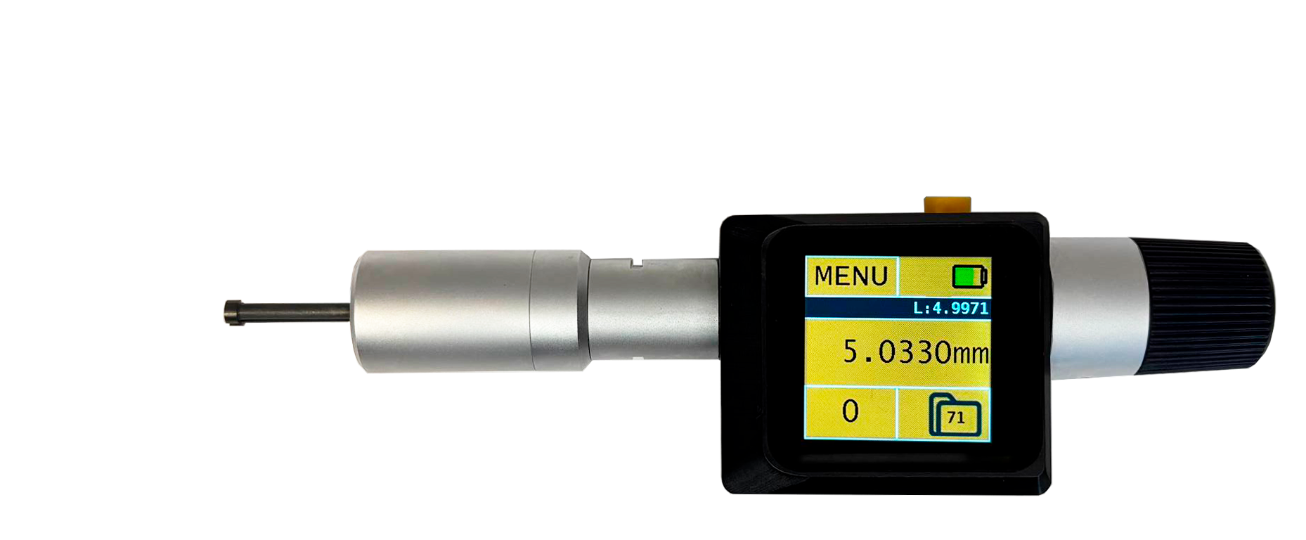Microtech Metrology 0-3mm Drei-Point-Innenmessschraube, silbernes Metallgehäuse, digitales Display, Frontalansicht