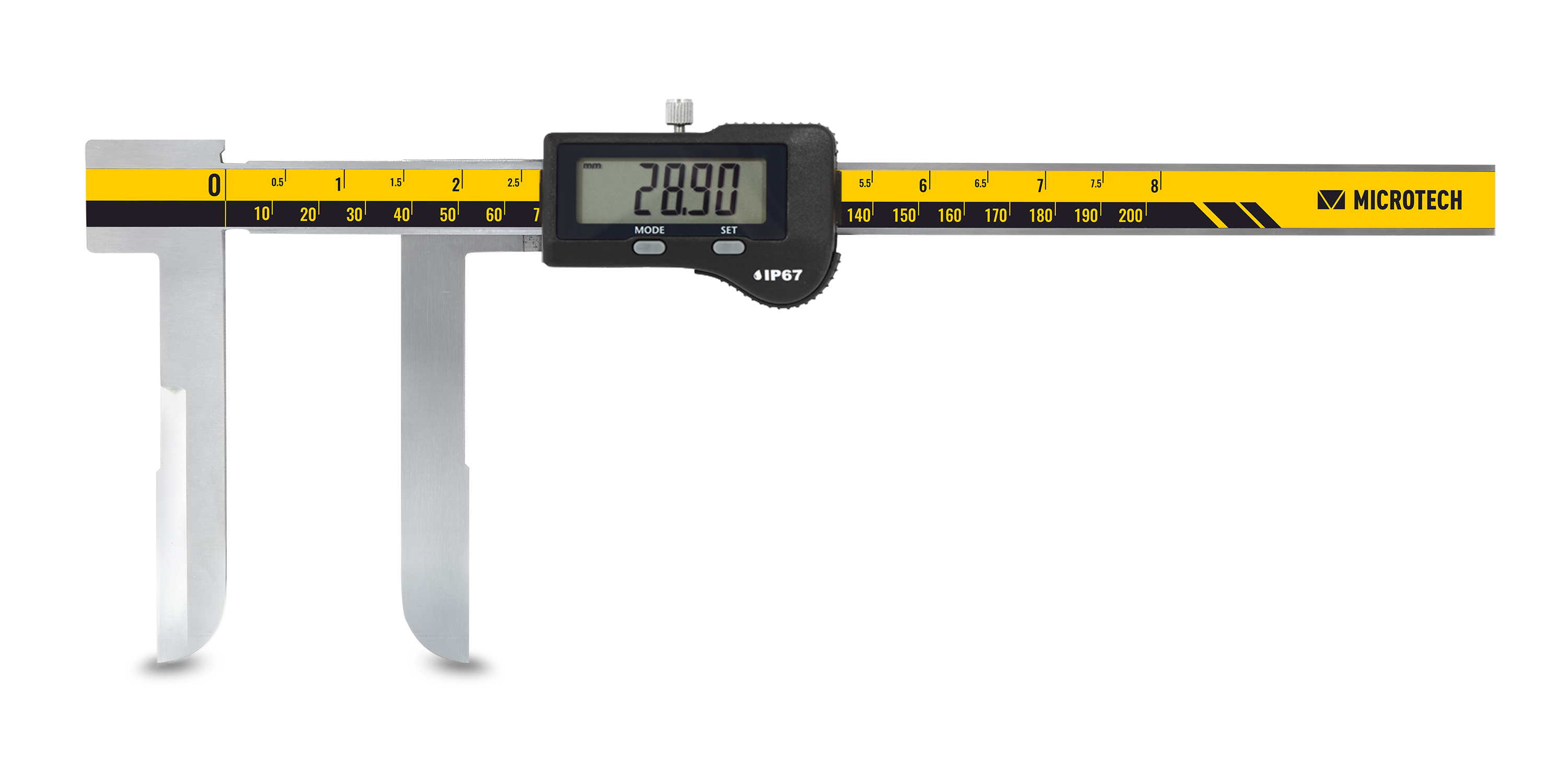 Microtech Digital Innen-Messschieber 300mm: silberne Messschenkel, schwarzes Display mit 28.90mm