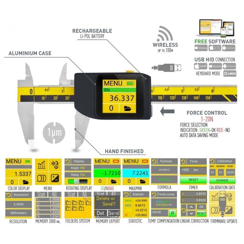 Microtech Digital Messschieber 141077020C: Touchscreen-Display mit Messwert 36.337mm und Anzeigemenü, Seitenansicht